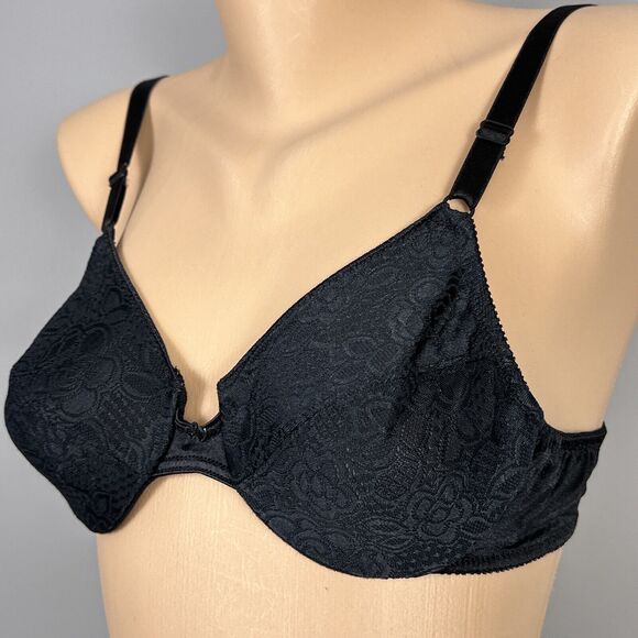 Vintage Vanity Fair Bra Size 34B 75-152 Black Semi Sheer Jacquard Lace Unlined - Picture 2 of 9